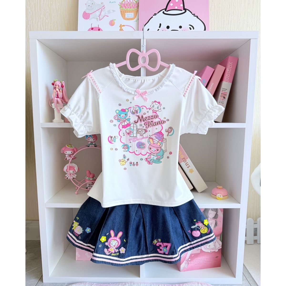 Embroidery Cotton Shirt - 일본풍 스위트 스커트 세트 여름 신상