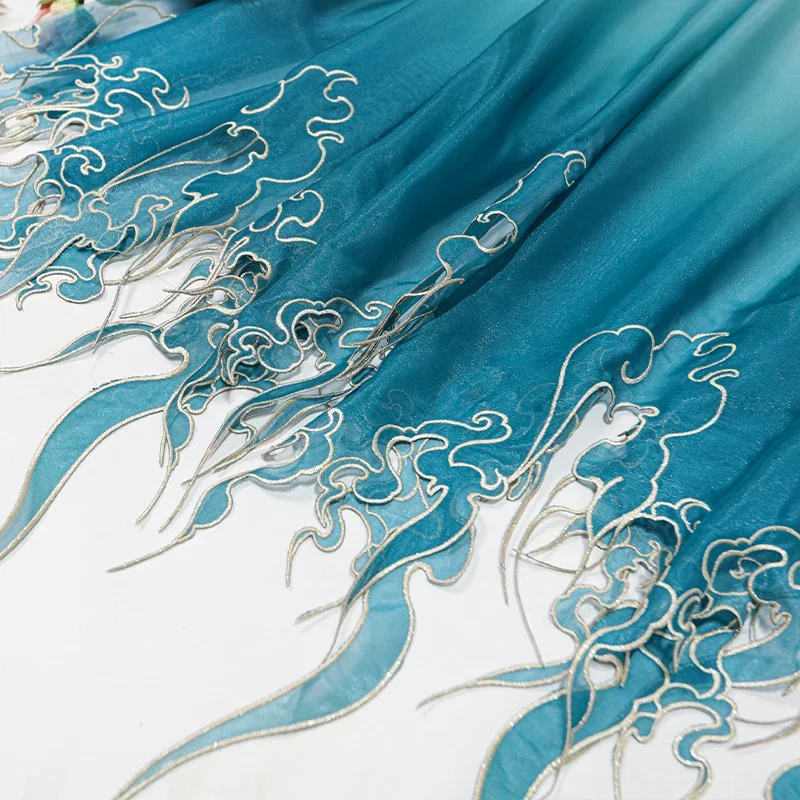 Embroidery Skirt - 중국 스타일 자수 연잎 그라데이션 원단