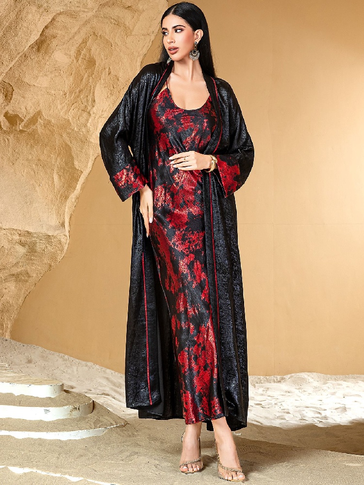 Embroidery Kebaya - 블랙 레드 오픈 기모노 Abaya Damen