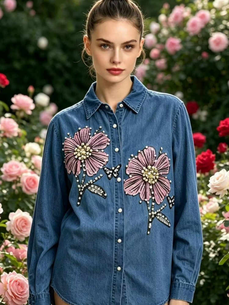 Embroidery Cotton Shirt - 여성 데님 자수 블라우스 봄 가을