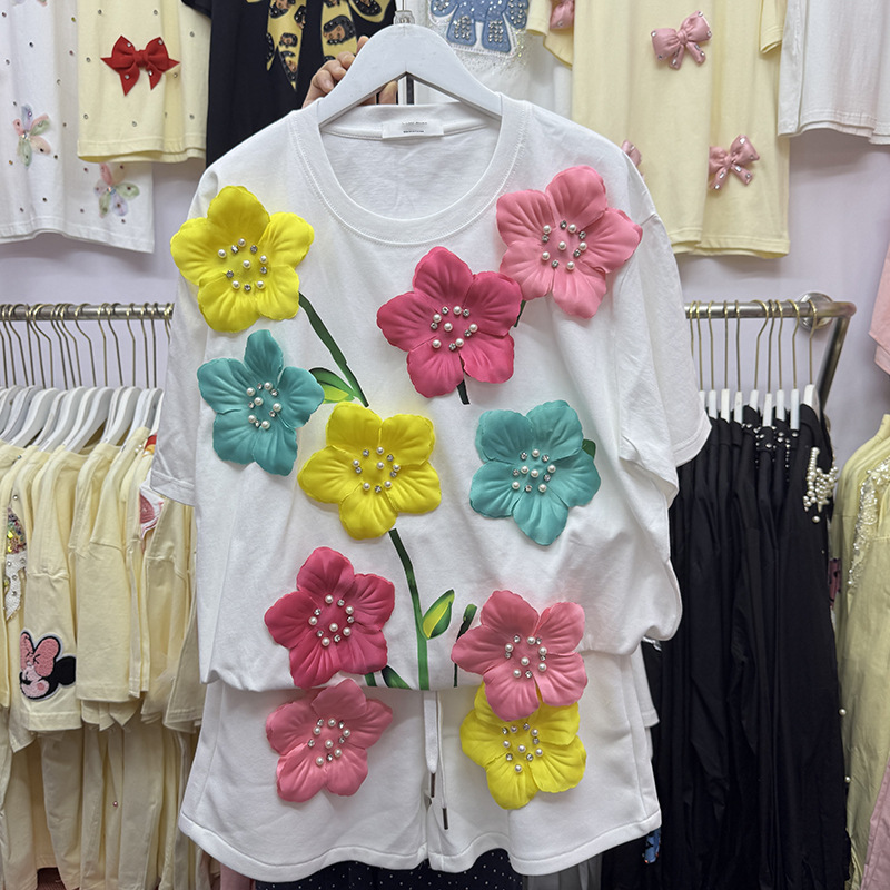 Embroidery Cotton Shirt - 여름 화려한 3D 꽃 티셔츠 진주