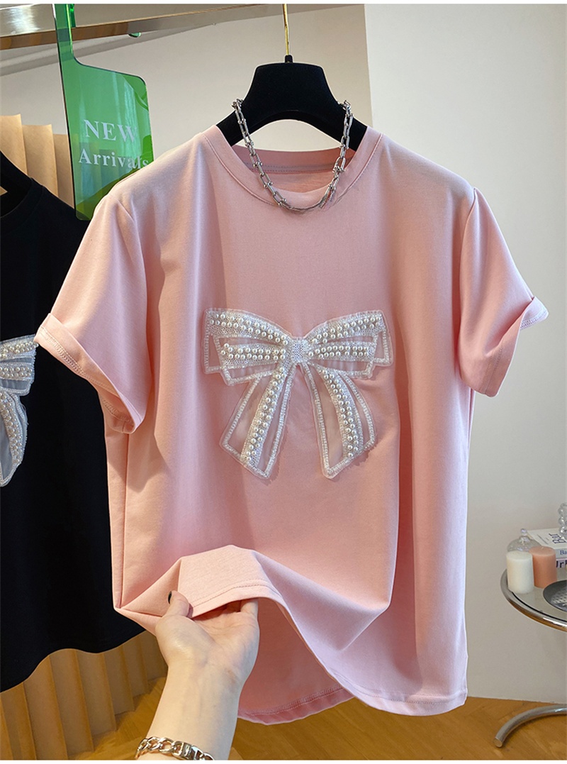 Embroidery Cotton Shirt - 고급스러운 진주 나비 매듭 반팔 티셔츠