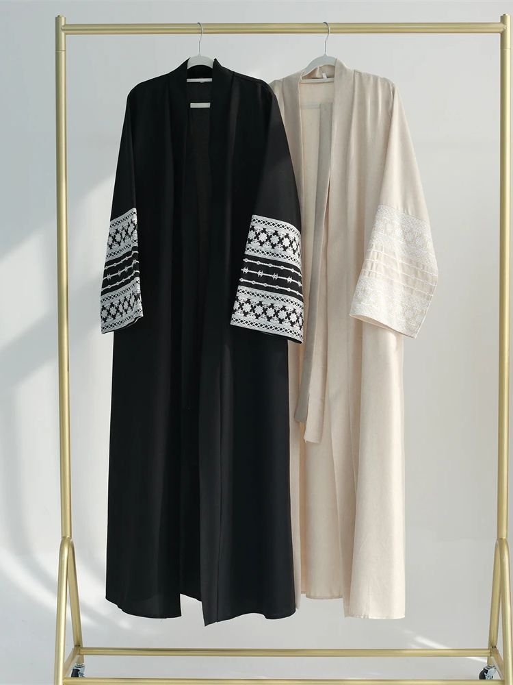 Embroidery Kebaya - 라마단 이드 블랙 오픈 기모노 Abaya