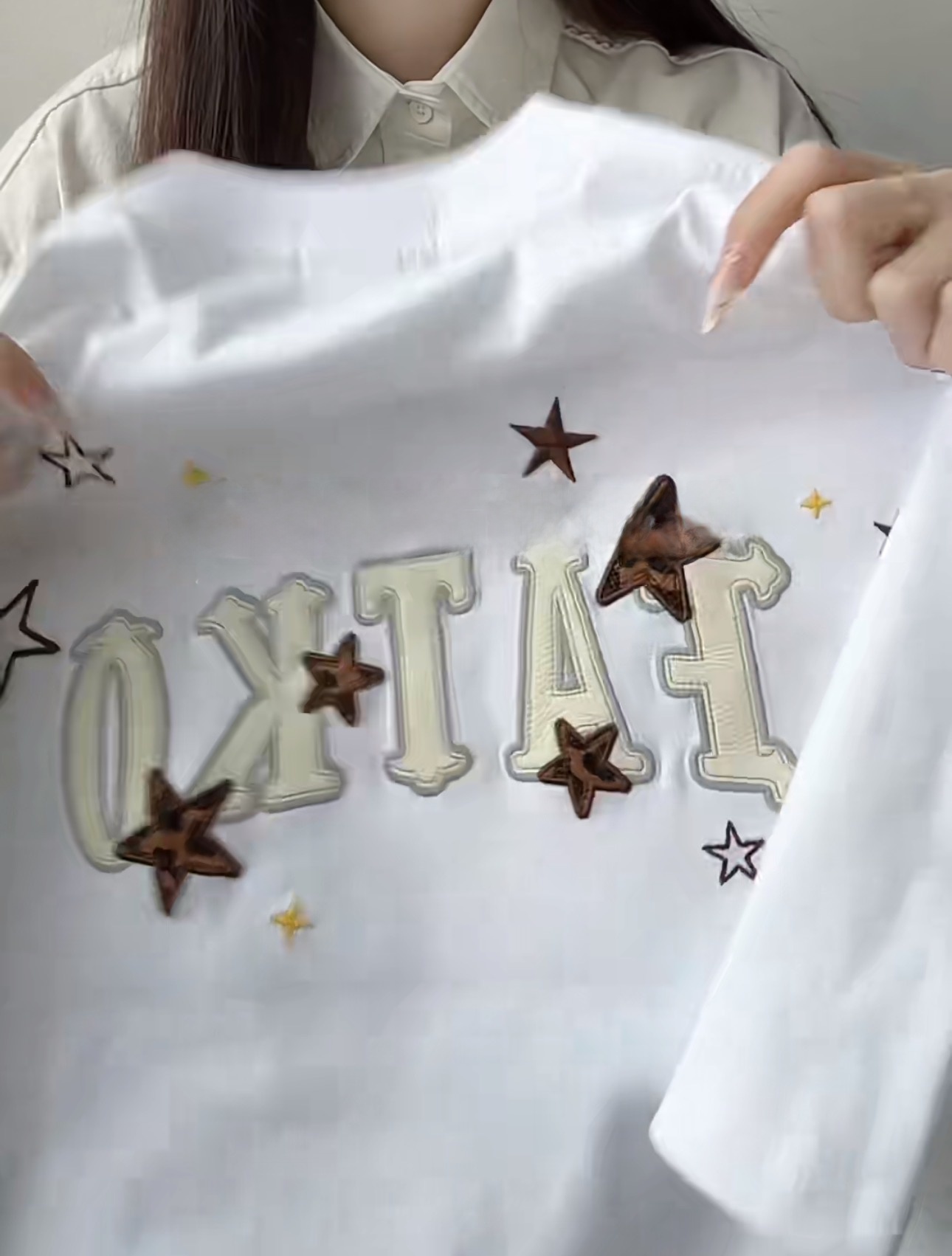 레트로 아메리칸 레터 스타 자수 반팔 코튼 티셔츠 여성 - Embroidery Cotton Shirt 리뷰 및 가격