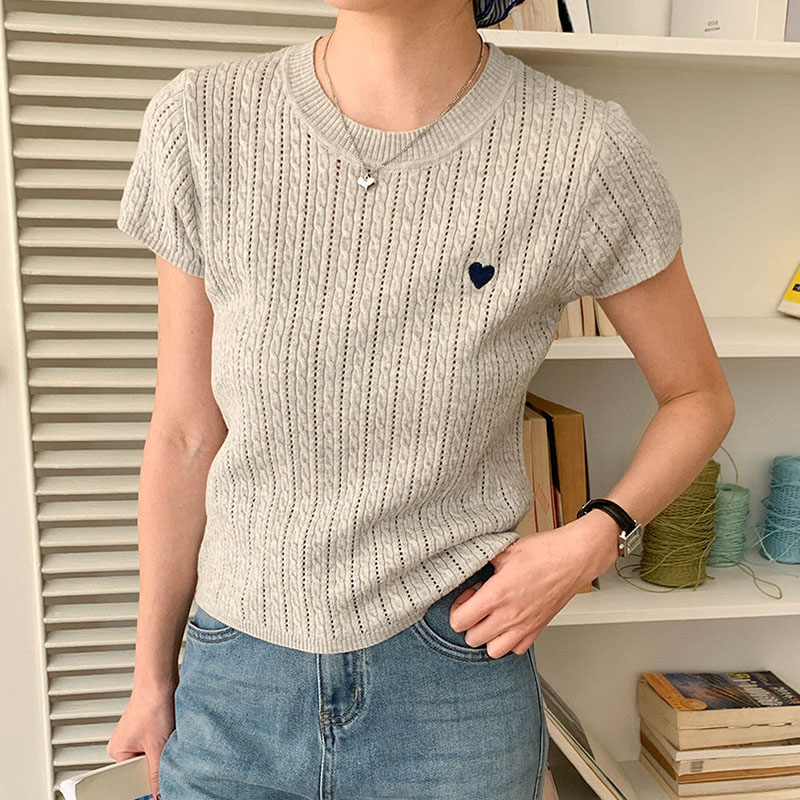 여성 티셔츠 라운드 넥 반팔 러브 자수 패턴 속이 빈  - Embroidery Design Love 리뷰 및 가격