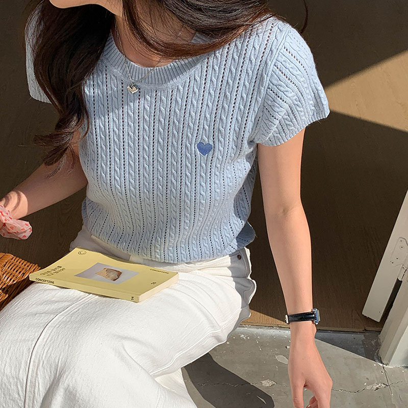 여성 티셔츠 라운드 넥 반팔 러브 자수 패턴 속이 빈  - Embroidery Design Love 리뷰 및 가격