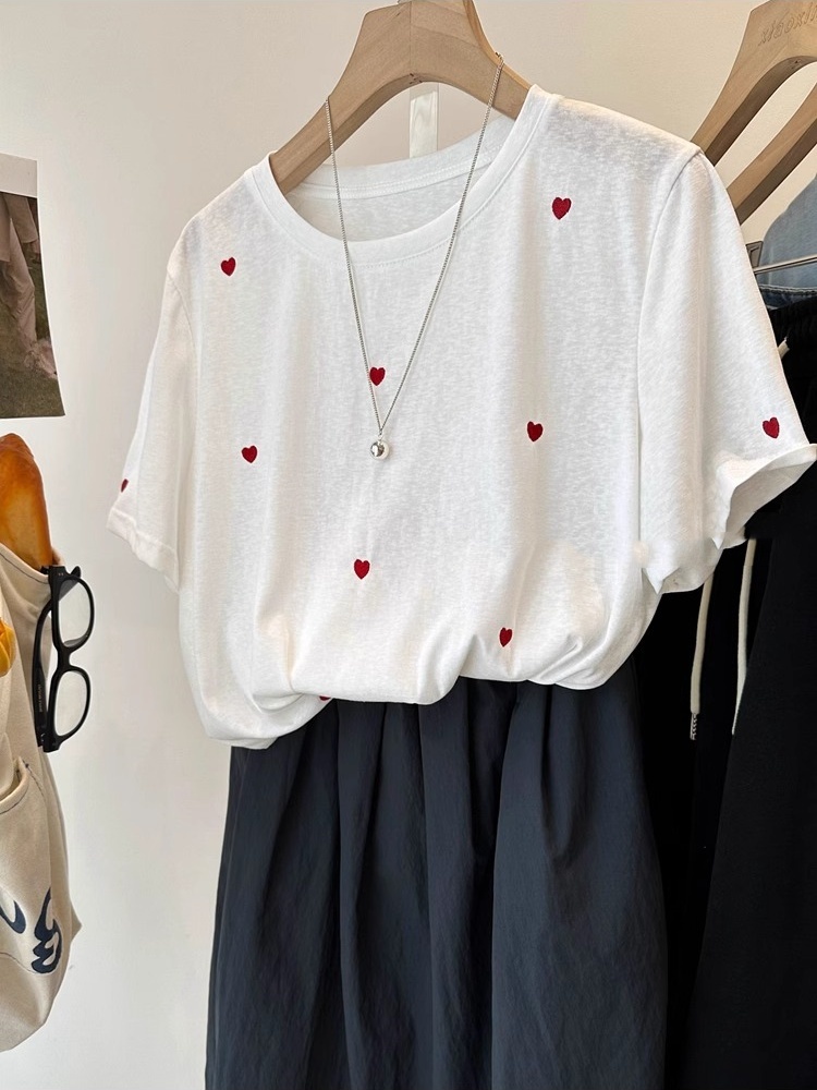 플러스 사이즈 240 파운드 러브 자수 반팔 여성 여름 - Embroidery Cotton Shirt 리뷰 및 가격