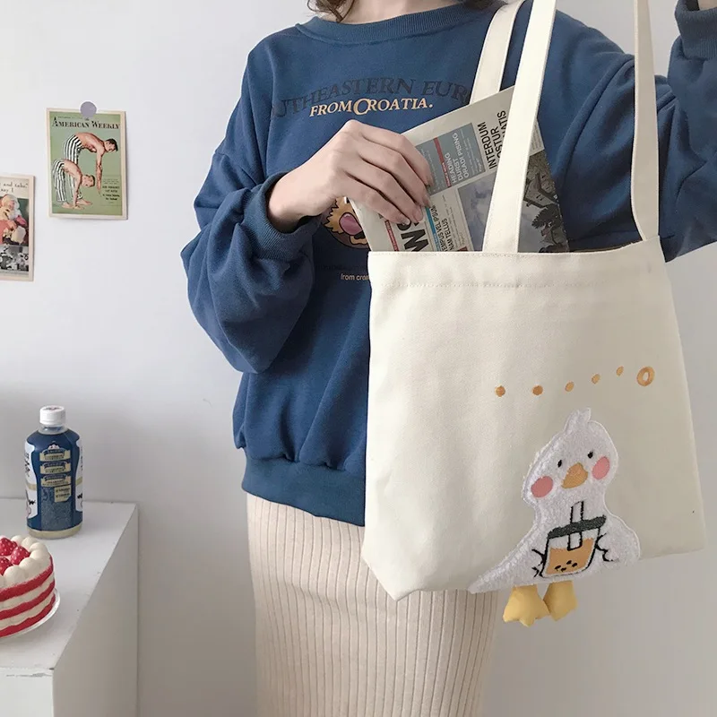 귀여운 디자인 여성용 캔버스 숄더백, 사랑스러운 오리  - Embroidery Design Love 리뷰 및 가격