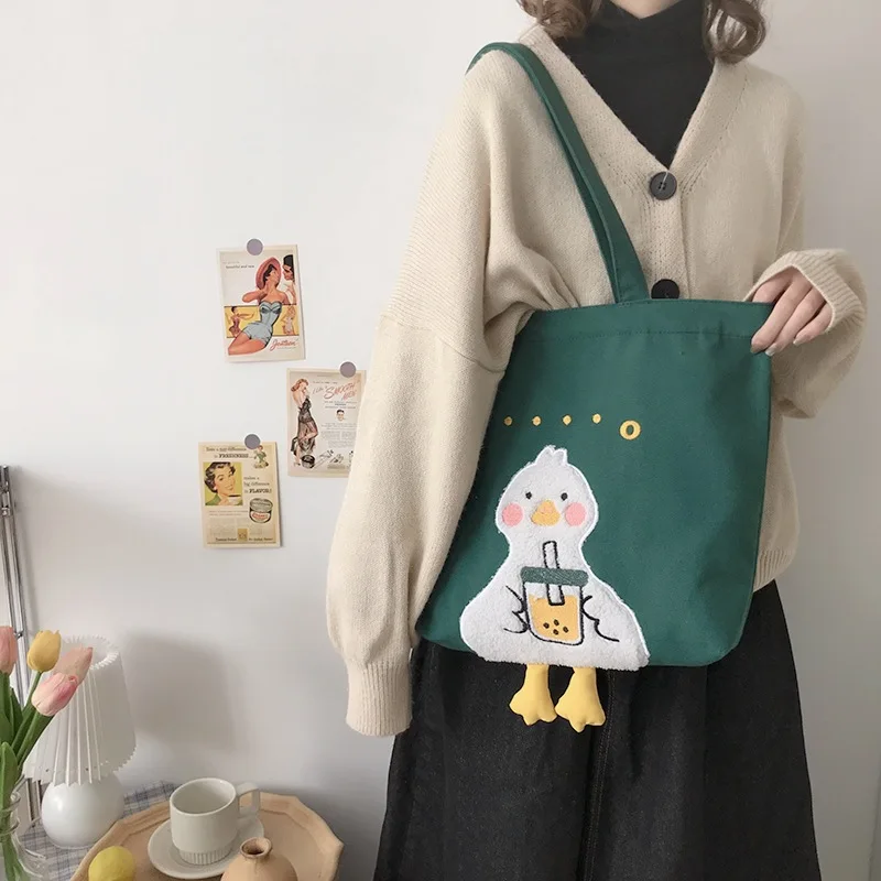 귀여운 디자인 여성용 캔버스 숄더백, 사랑스러운 오리  - Embroidery Design Love 리뷰 및 가격