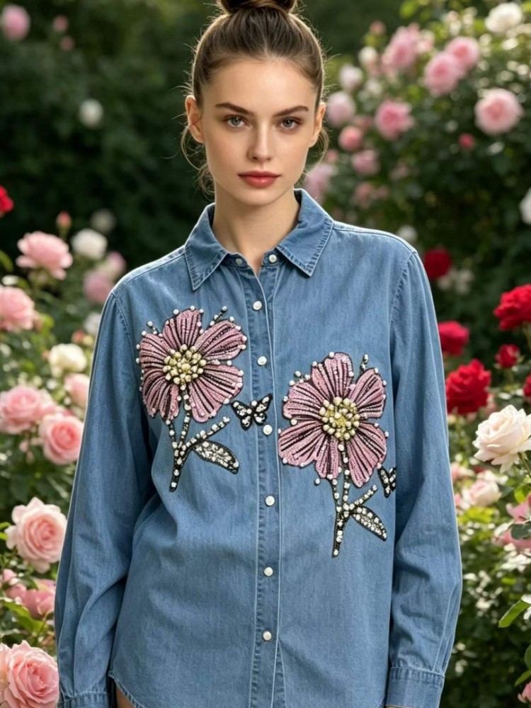 여성 데님 자수 블라우스 봄 가을 긴팔 여성 블라우스  - Embroidery Cotton Shirt 리뷰 및 가격