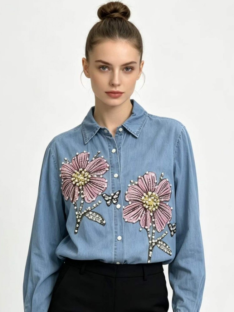 여성 데님 자수 블라우스 봄 가을 긴팔 여성 블라우스  - Embroidery Cotton Shirt 리뷰 및 가격