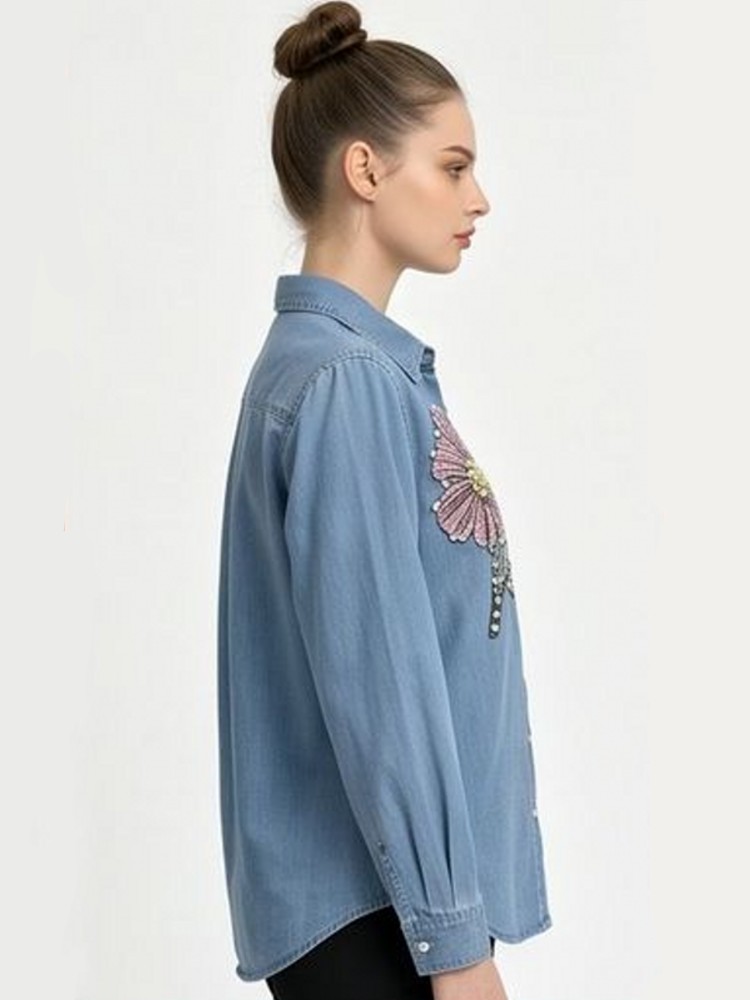 여성 데님 자수 블라우스 봄 가을 긴팔 여성 블라우스  - Embroidery Cotton Shirt 리뷰 및 가격