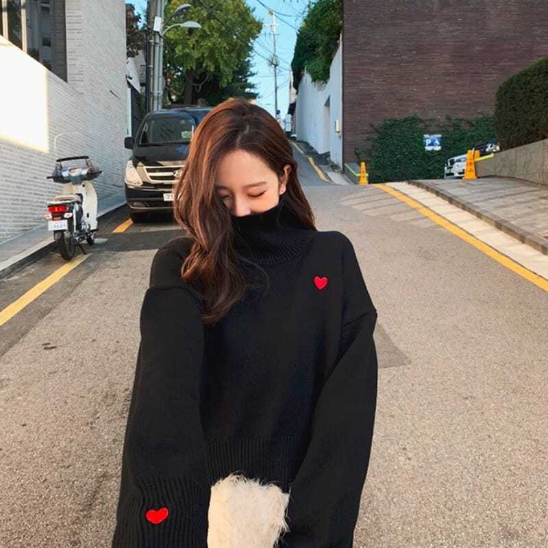터틀넥 스웨터, 여성 게으른 아늑한 소녀 하트 자수 긴 - Embroidery Design Love 리뷰 및 가격