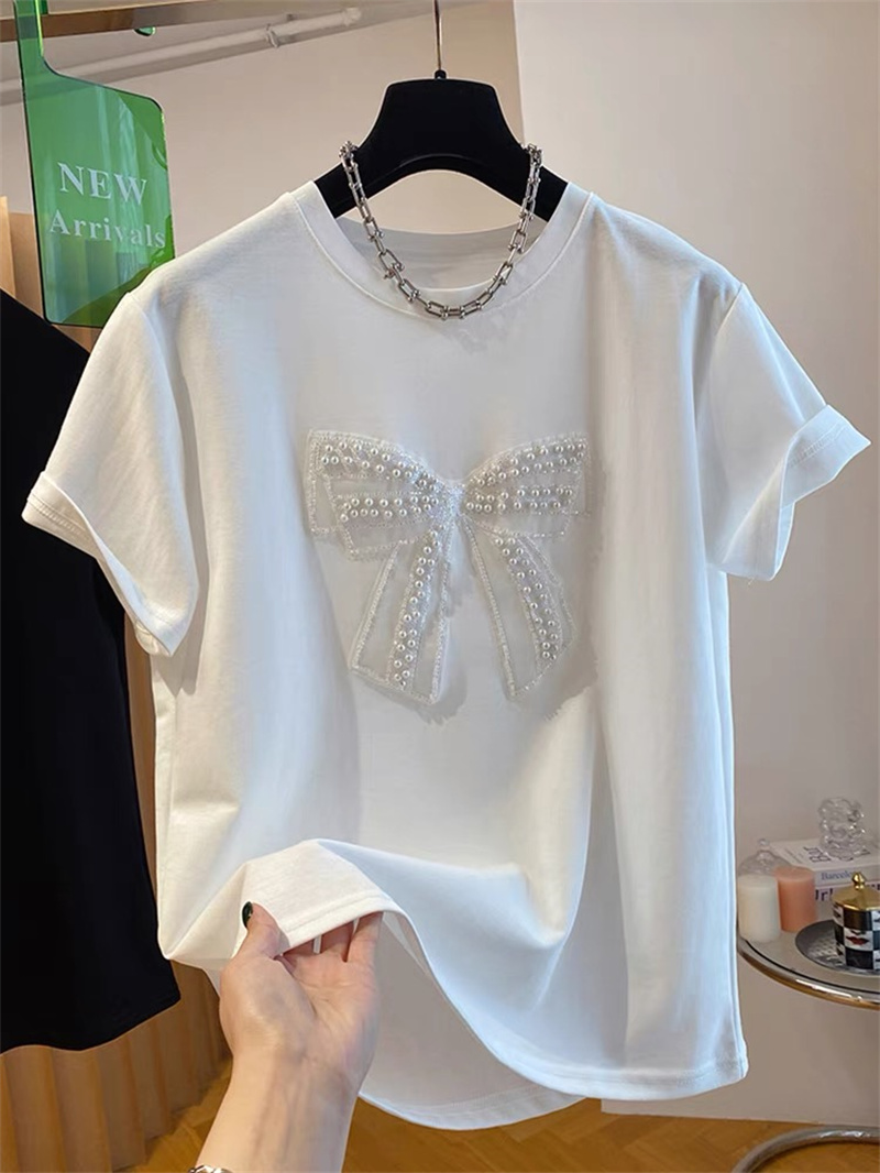 고급스러운 진주 나비 매듭 반팔 티셔츠 여성용 루즈핏  - Embroidery Cotton Shirt 리뷰 및 가격