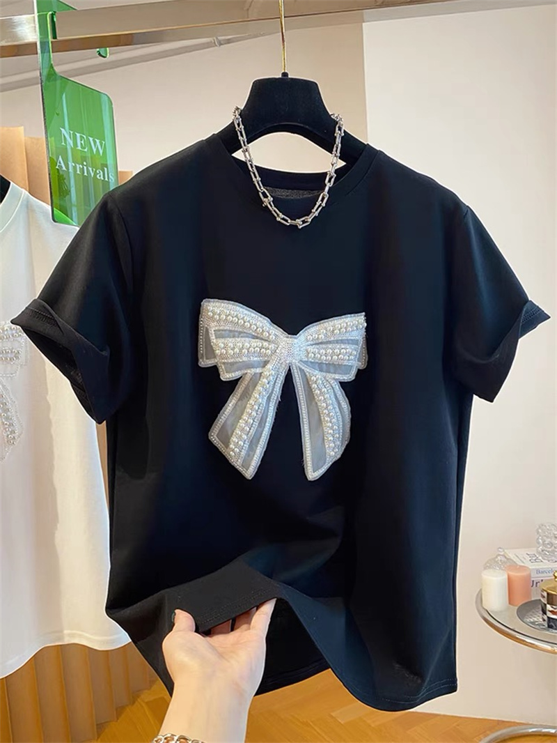 고급스러운 진주 나비 매듭 반팔 티셔츠 여성용 루즈핏  - Embroidery Cotton Shirt 리뷰 및 가격