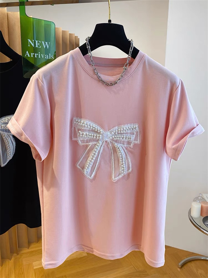 고급스러운 진주 나비 매듭 반팔 티셔츠 여성용 루즈핏  - Embroidery Cotton Shirt 리뷰 및 가격