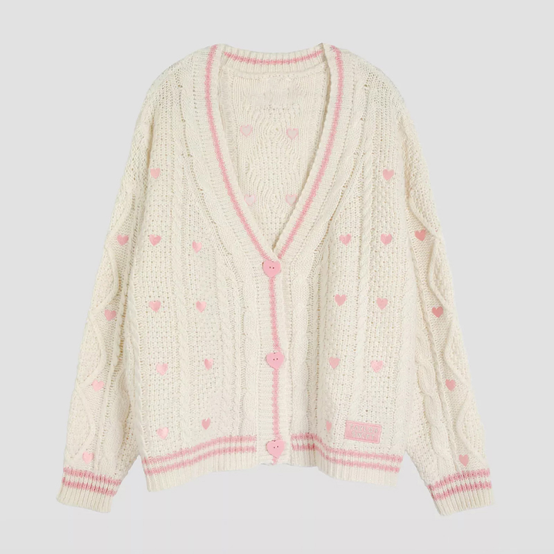 핑크 하트 버튼 자수 패치가 있는 연인 카디건 부드러운 - Embroidery Patches 리뷰 및 가격