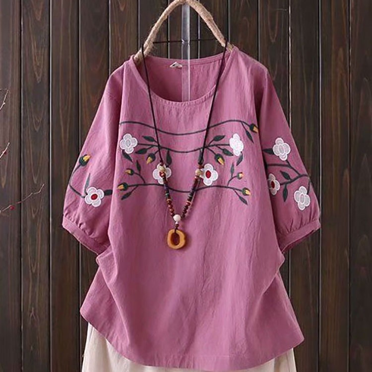 플러스 사이즈 여성용 봄 여름 신상 자수 루즈핏 배 가 - Embroidery Cotton Shirt 리뷰 및 가격